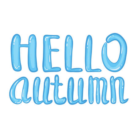 Hello Autumn lettering puddle with falling colorful leaves. Vector illustration background template banner posterのイラスト素材