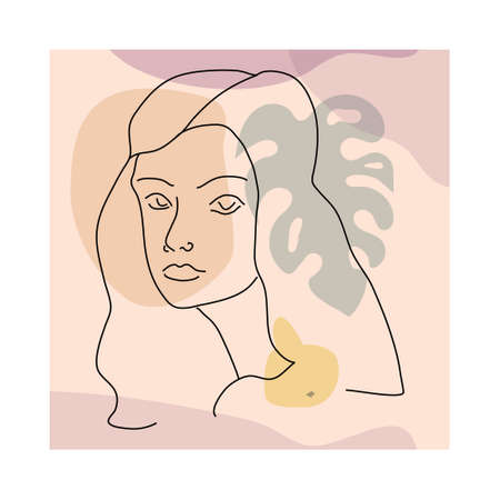Woman line portrate in modern minimalist style trendy. Abstract shape pastel warm colors,flowers, vase. Editable outlineのイラスト素材