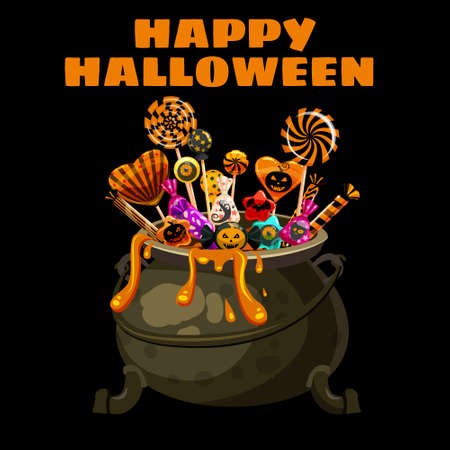 Hello Halloween Cauldron full of Candies and sweets. Autumn october holiday tradition celebration banner poster template. Vector illustration isolatedのイラスト素材