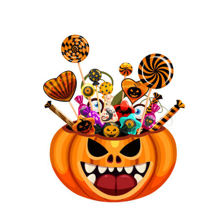 Halloween Pumpkin Bag basket full of Candies and Sweets. Autumn october holiday tradition celebration banner poster template. Vector illustration isolatedのイラスト素材