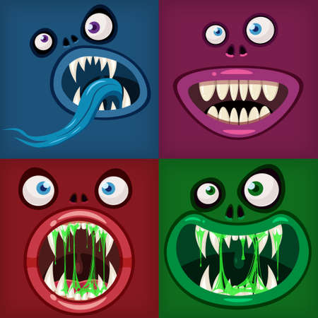 Set Monsters mouths creepy and scary Halloween. Funny jaws teeths tongue creatures expression monster horror drool slime. Vector isolated illustration cartoon styleのイラスト素材