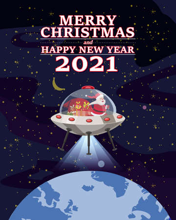 Santa Claus Van with text Merry Chrismas and Happy New Year 2021 flying in UFO spaceship flying saucer delivering shipping giftsのイラスト素材