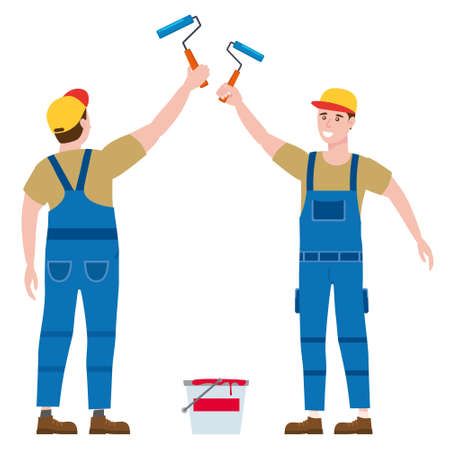 Construction worker painter with rollerbrush and paint bucket in workwear. Back and front view craftsman character vector isolatedのイラスト素材