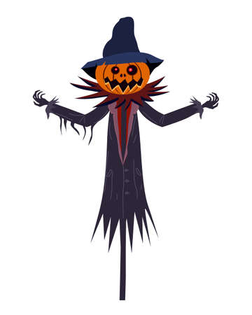 Scarecrow character Halloween with a Jack O Lantern head pumpkin in ripped coat isolated on white background cartoon styleのイラスト素材