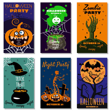 Set Halloween holiday greeting card merry pumpkin, spider web, deads, witch, cemeteryのイラスト素材