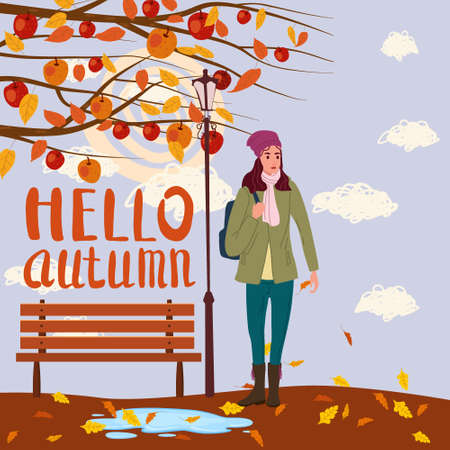 Young woman in the autumn park city, trendy clothes street fashionable style outwear female, fall mood. Lettering Hello Autumn. Trendy vector style isolatedのイラスト素材
