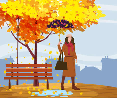 Young woman in the autumn park city with umbrella, trendy clothes street fashionable style outwear female, fall mood. Trendy vector style isolatedのイラスト素材
