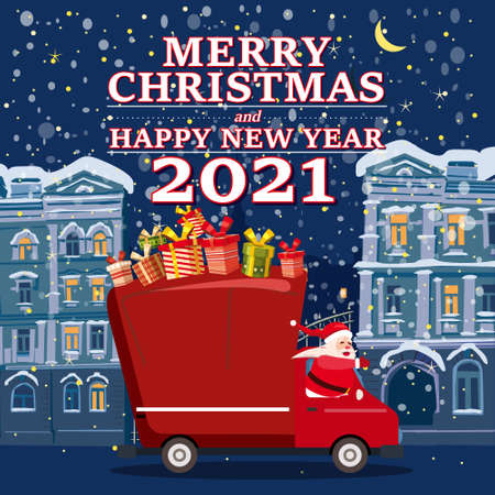 Santa Claus Van with text Merry Christmas and Happy New Year 2021 delivering gifts background night winter old city. Flat cartoon style vector illustrationのイラスト素材