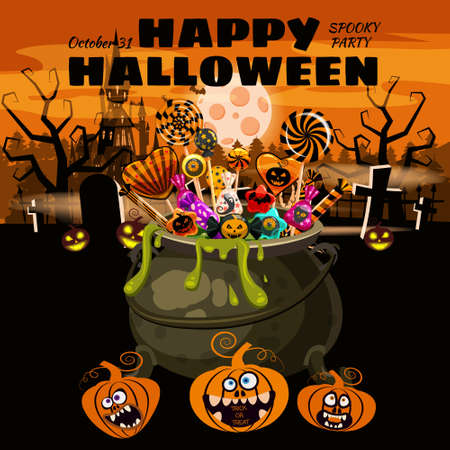 Hello Halloween Cauldron full of Candies and sweets. Autumn october holiday dark cemetery tradition celebration banner poster template party. Vector illustration isolatedのイラスト素材