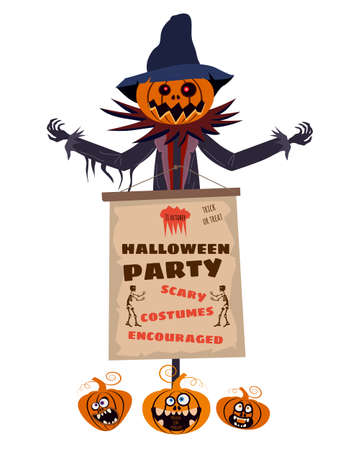 Scarecrow character Halloween with a Jack O Lantern head pumpkin in ripped coat with Happy Halloween poster. Isolated on white background cartoon styleのイラスト素材