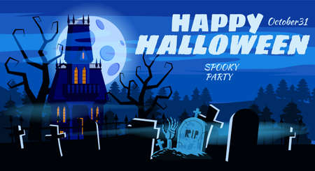 Happy Halloween Lonely scary abandoned mansion cemetery graves. Vector isolated cartoon styleのイラスト素材