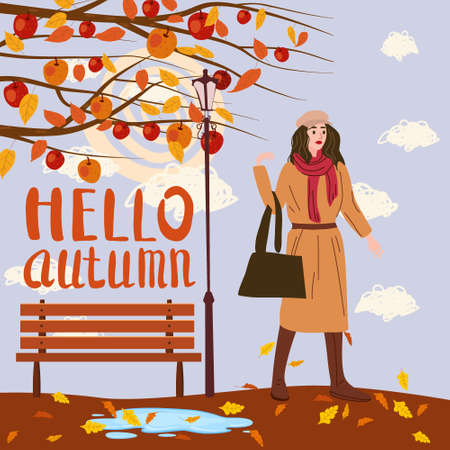 Young woman in the autumn park city, trendy clothes street fashionable style outwear female, fall mood. Lettering Hello Autumn. Trendy vector style isolatedのイラスト素材