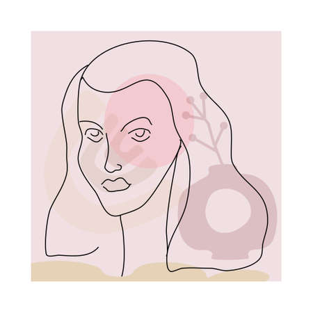 Woman line portrait in modern minimalist style trendy. Abstract shape pastel warm colors,flowers, vase. Editable outlineのイラスト素材