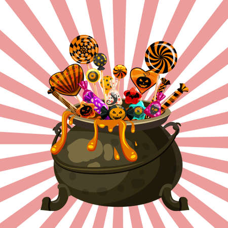 Hello Halloween Cauldron full of Candies and sweets. Autumn october holuday tradition celebration banner poster template. Vector illustration isolatedのイラスト素材