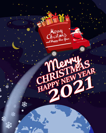 Santa Claus Van with text Merry Christmas and Happy New Year 2021 flies through the night sky above the Earth delivering shipping gifts. Flat cartoon style vector illustrationのイラスト素材