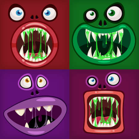 Set Monsters mouths creepy and scary. Funny jaws teeths tongue creatures expression monster horror drool slime. Vector isolated illustration cartoon styleのイラスト素材