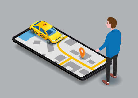 Taxi service isometric. Man near smartphone screen with city map route and points location yellow carのイラスト素材
