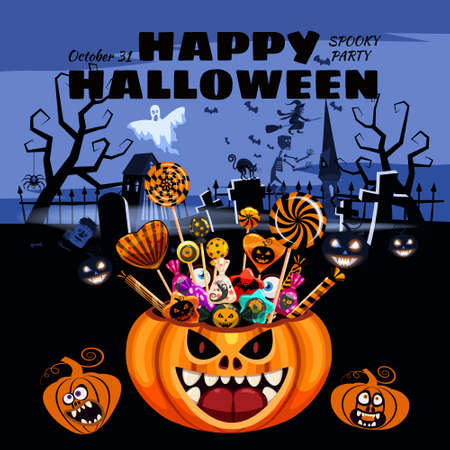 Happy Halloween Pumpkin Bag basket full of Candies and Sweets. Autumn october holiday tradition celebration dark mansion cemetery banner poster template. Vector illustration isolatedのイラスト素材