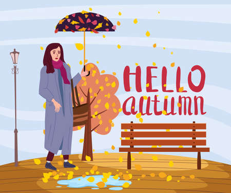 Hello Autumn Young woman in the autumn park city with umbrella, trendy clothes street fashionable style, lettering, fall mood. Trendy vector style isolatedのイラスト素材