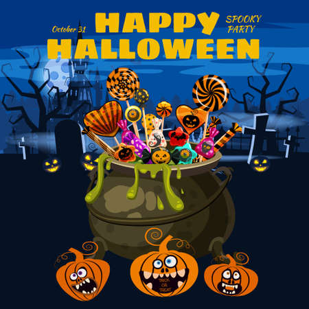 Hello Halloween Cauldron full of Candies and sweets. Autumn october holiday dark cemetery tradition celebration banner poster template party. Vector illustration isolatedのイラスト素材