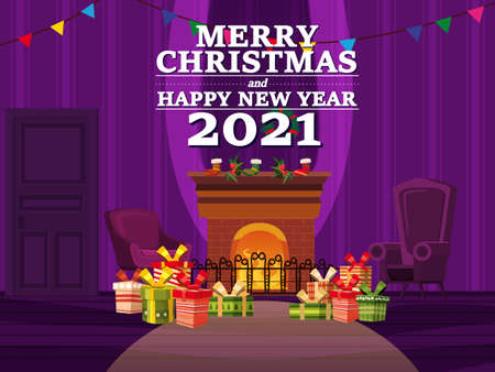 Merry Christmas interior of the living room with a Christmas tree, gifts and a fireplace, window, furniture, Xmas wreath, decorations. Vector illustration isolated cartoon styleのイラスト素材