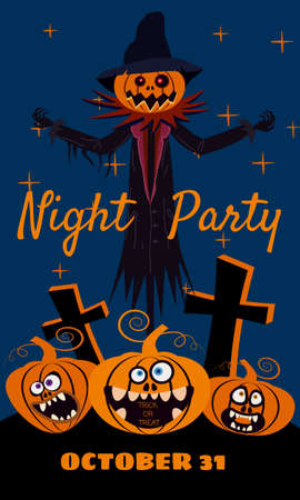 Scarecrow character Halloween at the cemetery with a Jack O Lantern head pumpkin in ripped coat. Isolated on white background cartoon styleのイラスト素材