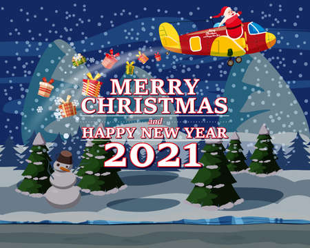 Santa Claus Van with text Merry Christmas and Happy New Year 2021 flying in plane on night winter landscape delivering shipping giftsのイラスト素材