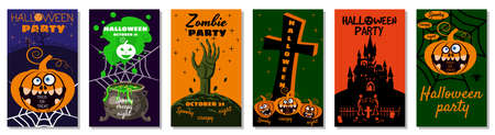 Set Halloween holiday greeting card merry pumpkin, spider web, deads, witch, cemeteryのイラスト素材