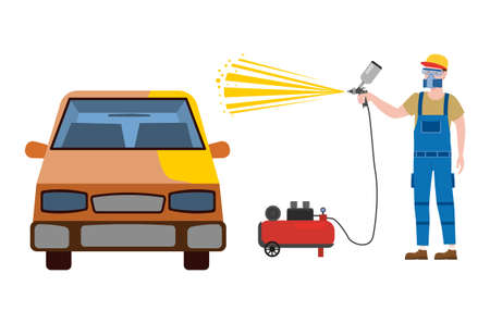 Car airbrush painter in workwear service auto body car repair. Craftsman repairman with spraying gun workshop. Vector illustration isolatedのイラスト素材