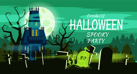 Happy Halloween Lonely scary abandoned mansion cemetery graves. Vector isolated cartoon styleのイラスト素材