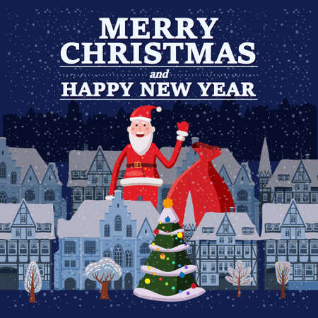 Merry Christmas and Happy New Year holiday Santa Claus carrying sack full of gifts, background night city. Vector illustration isolatedのイラスト素材