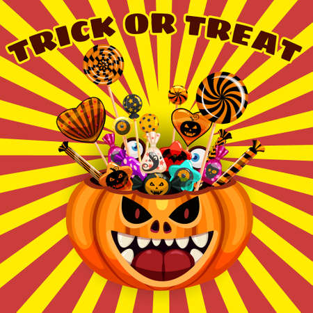 Halloween Trick or Treat Pumpkin Bag basket full of Candies and Sweets. Autumn october holiday tradition celebration banner poster template. Vector illustration isolatedのイラスト素材