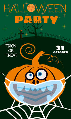 Halloween Pumpkin wearing medical face mask from coronavirus during quarantine, on spider web cemetery autumn holiday All Saints Day. Poster greeting card. Vector illustration isolatedのイラスト素材