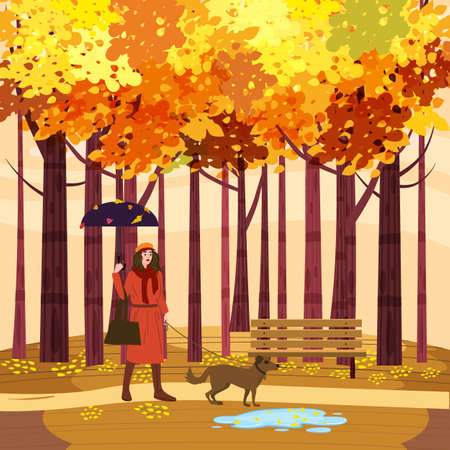 Autumn Park Young woman walks with dog, yellow orange red foliage trees, walkway bench. Fall mood outdoor cityscape. Vector isolated illustration isolatedのイラスト素材