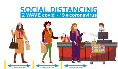 Supermarket social distancing store counter cashier and buyers in medical masks, with cart and basket of food. Quarantine coronavirus 2019-nCoV 2 wave in the store epidemic precautions. Cartoon style vector illustrationのイラスト素材