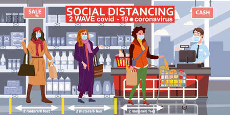 Supermarket social distancing store counter cashier and buyers in medical masks, with cart and basket of food. Quarantine coronavirus 2019-nCoV 2 wave in the store epidemic precautions. Cartoon style vector illustrationのイラスト素材