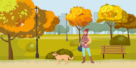Autumn Park woman walks with dog, yellow orange red foliage trees, walkway bench. Fall mood outdoor cityscape. Vector isolated illustration isolatedのイラスト素材