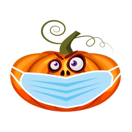 Halloween Pumpkin wearing medical face mask from coronavirus during quarantine, symbol autumn holiday All Saints Day. Vector illustration isolatedのイラスト素材