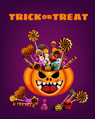Halloween Trick or Treat Pumpkin Bag basket full of Candies and Sweets. Autumn october holiday tradition celebration banner poster template. Vector illustration isolatedのイラスト素材