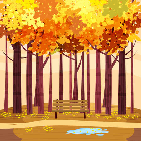 Autumn Park landscape yellow orange red foliage trees, walkway bench. Fall mood outdoor cityscape. Vector isolated illustration isolatedのイラスト素材