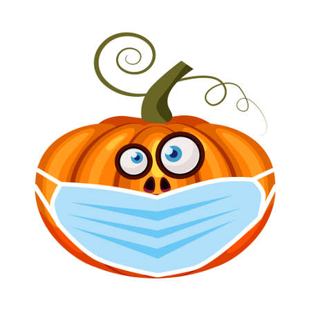 Halloween Pumpkin wearing medical face mask from coronavirus during quarantine, symbol autumn holiday All Saints Day. Vector illustration isolatedのイラスト素材