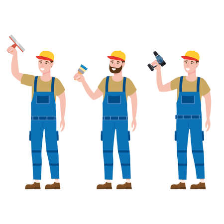 Set Construction workers with cordless screwdriver, brush, plastering trowel tools in workwear. Craftsman character vector isolatedのイラスト素材