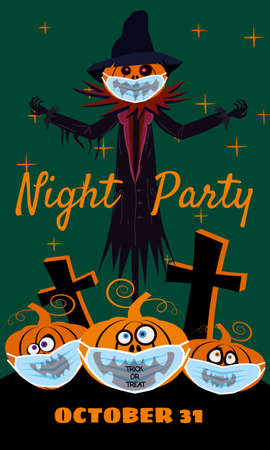 Scarecrow character at the cemetery in medical face mask from coronavirus during quarantine with a Jack O Lantern head pumpkin in ripped coat with Happy Halloween poster. Isolated vectorのイラスト素材