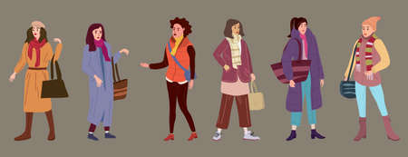Set Young womans in trendy autumn clothes street fashionable style outwear female. Trendy vector style isolatedのイラスト素材