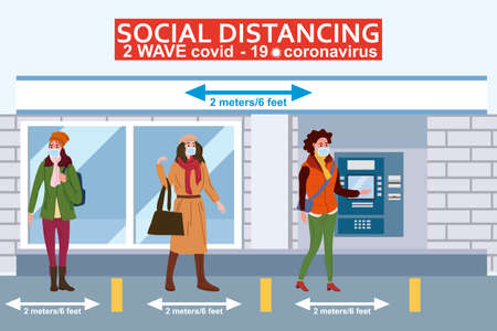 Social distancing and from COVID-19 coronavirus pandemic Queue at the ATM. Maintain a safe distance 2 meters from others. Characters in line at the bank. Vector isolated illustrationのイラスト素材