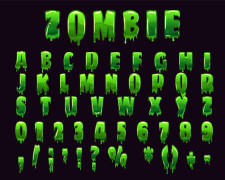 Zombie Font Alphabet green slime styled Halloween scary effect, letters and numbers. Vector isolated illustrationのイラスト素材