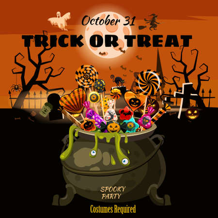 Hello Halloween Cauldron full of Candies and sweets. Autumn october holiday dark cemetery tradition celebration banner poster template party. Vector illustration isolatedのイラスト素材
