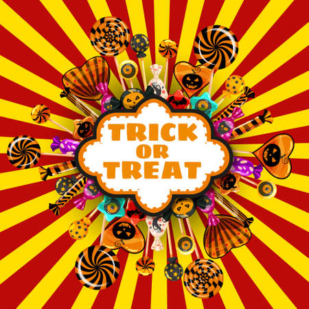 Halloween Trick or Treat banner Candy and sweets template. Autumn october holiday tradition celebration poster. Vector illustration isolatedのイラスト素材