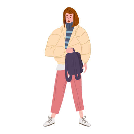 Young woman in autumn trendy clothes with backpack street fashionable style outwear female. Trendy vector style isolatedのイラスト素材