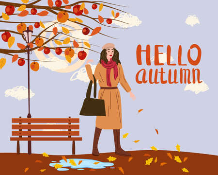 Young woman in the autumn park city, trendy clothes street fashionable style outwear female, fall mood. Lettering Hello Autumn. Trendy vector style isolatedのイラスト素材